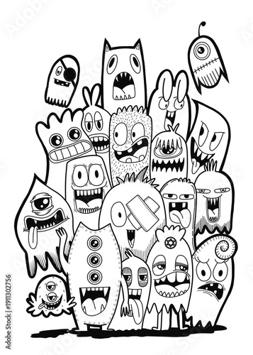 Hand-drawn illustrations, monsters doodle, Hand Drawn cartoon monster illustration,Cartoon crowd doodle hand-drawn Doodle style.black and white stripes coloring  book.