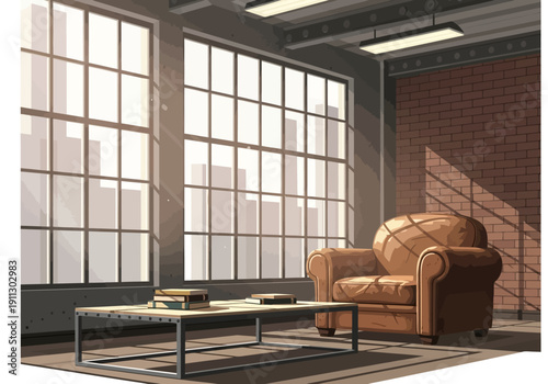 Modern loft interior with leather armchair and coffee table near large windows