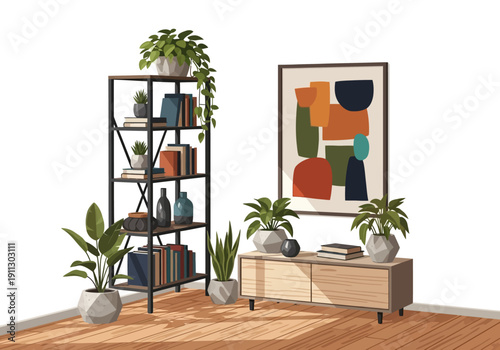 Modern living room interior with furniture, plants, and artwork on display