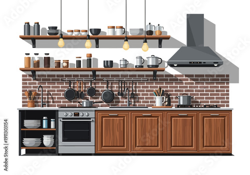 Modern kitchen interior with brick wall, wooden cabinets, and stainless steel appliances viewed from the front