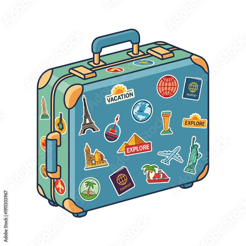Travel suitcase with stickers of landmarks and destinations