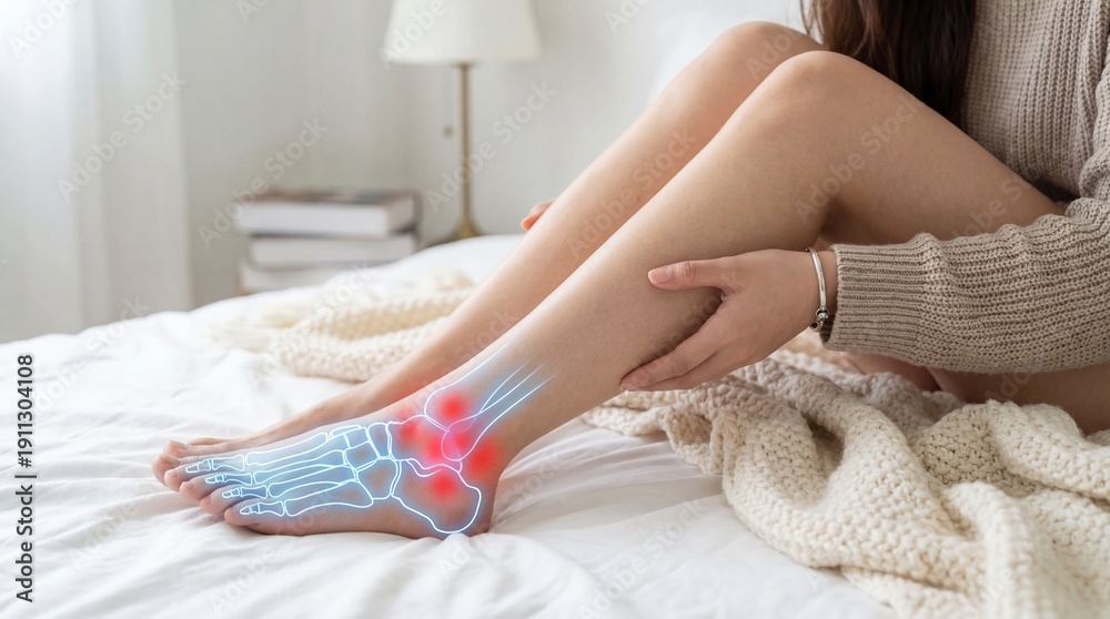 Obraz premium Conceptual Digitally Enhanced Woman Leg with Foot Bone Joint Pain on Bed