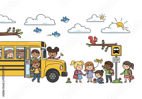 Children exiting a bright yellow school bus on a sunny day surrounded by fluffy clouds and birds flying overhead