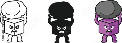 Angry cube character struggling to lift a heavy rock, representing burden, hard work, and immense effort.