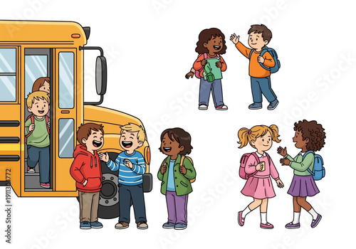 Children gathering around a school bus on a daily commute to school safely with friends