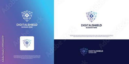 Futuristic shield data protection logo design.