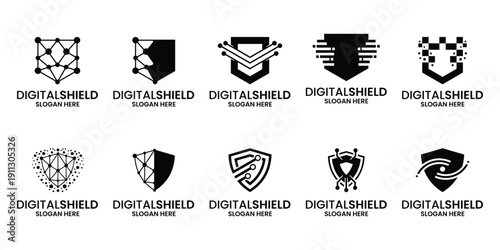 Set of silhouette shield data security logo design template.