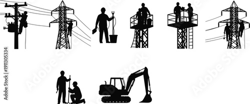 Electrical, workers, silhouettes, power, line, maintenance, construction, utility, engineers, repairing, transmission, towers, industry, energy, infrastructure, d