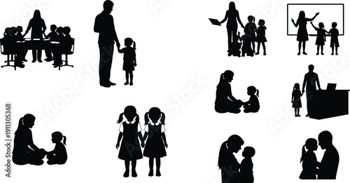 Family and education silhouettes showing parents teachers children interactions, learning guidance, care, school activities, parenting moments, isolated black figures