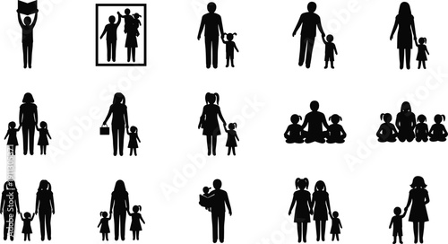 Family and parenting silhouettes icon set, mother, father, children, caregiving, adoption, education, togetherness concepts isolated on white background