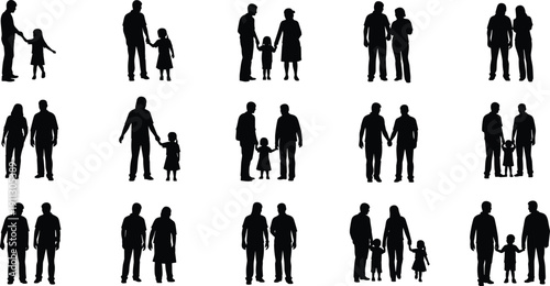 Family people silhouettes icon set, parents and children, couples, togetherness, love, human relationships, walking poses isolated on white background
