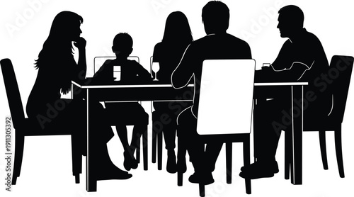 Family dinner table silhouettes, parents and children eating together, home meal conversation, lifestyle bonding moment, domestic harmony, black white vector illustration