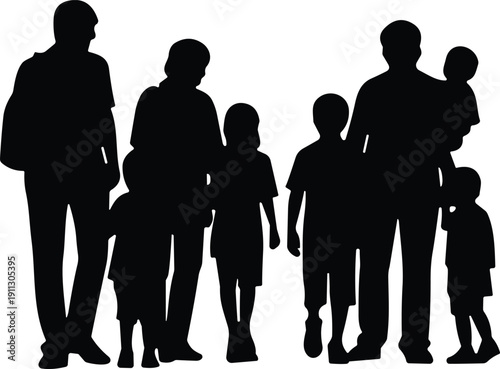 Family silhouette group illustration, parents and children standing together, community, unity, social concept, black figures isolated on white background