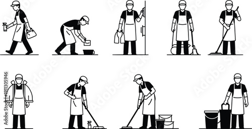 Cleaning service worker silhouettes, janitor staff icons, professional housekeeping poses, maintenance crew actions, sanitation tools, vector illustration set