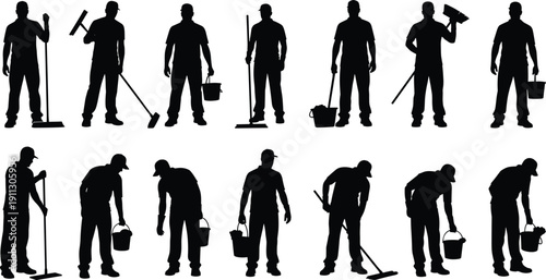 Cleaning, workers, silhouettes, set, professional, janitors, with, tools, industrial, maintenance, service, concept, isolated, white, background, commercial, sanitation, team, workforce, illustration