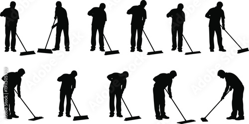 Cleaning, worker, silhouettes, sweeping, floor, janitor, maintenance, service, hygiene, professional, labor, tools, routine, indoor, work, illustration, isolated, white, background, concept