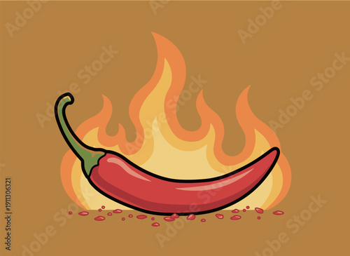 A red chili pepper is shown with flames around it, representing spice and heat in food and cooking contexts.