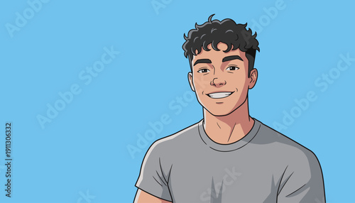 A young man with curly hair smiles while sitting in front of a blue background. He wears a gray t-shirt and looks happy.