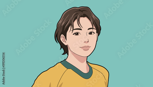 A young person with brown hair looks straight ahead. They wear a yellow shirt. The background is light blue.