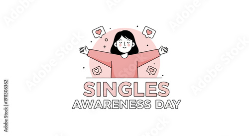 A cheerful woman celebrating Singles Awareness Day with a joyful expression, surrounded by heart shapes and confetti, against a clean white background with pink accents, in a playful flat