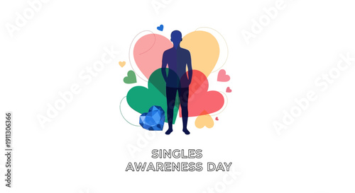 A minimalist illustration of a person celebrating Singles Awareness Day with colorful hearts and a joyful mood against a clean white background.