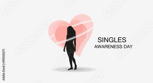 A woman celebrates Singles Awareness Day with independence and self love, standing confidently in front of a broken heart icon, symbolizing freedom and empowerment on a white background
