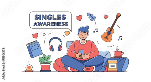 A cartoon man enjoys self-pampering on Singles Awareness Day, surrounded by symbols of freedom and self-love, with a guitar, headphones, and coffee, against a clean white background.