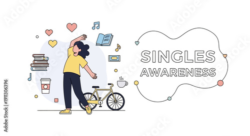 Illustration of a cheerful woman dancing with a bicycle surrounded by Singles Awareness Day icons in a colorful and lively composition with a joyful mood on a clean white background.