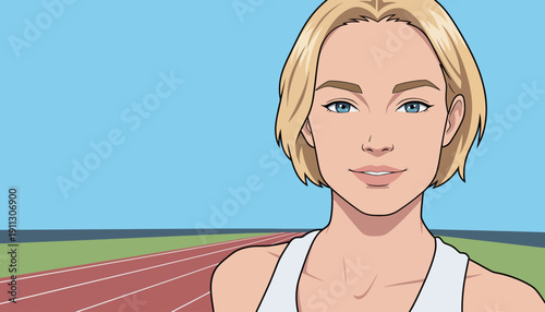 A young athlete stands on a running track ready for a race. The background shows a blue sky and green grass.