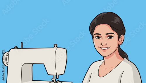 A girl is focused on sewing at a sewing machine in a bright room. She smiles while working on her project.
