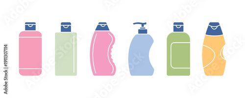 Trendy flat style icons of shampoo bottles in multiple colors, ideal for your website design, logo, app, or UI. Vector illustration.