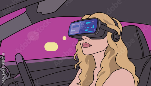 A woman sits inside a car wearing a virtual reality headset. Bright colors fill the space around her, creating a vibrant scene at night.