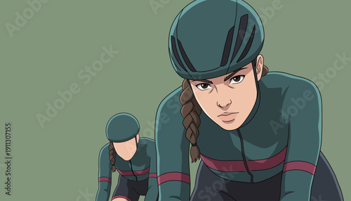 Two cyclists focus on their race as they pedal hard on a green surface under a clear sky.