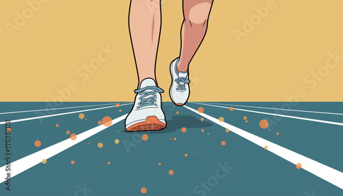 A person jogs on a running track with a yellow background. The shoes move forward through dots floating in the air.