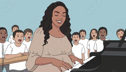 Children sing in unison as a music teacher plays the piano and guides them in a classroom during the day.