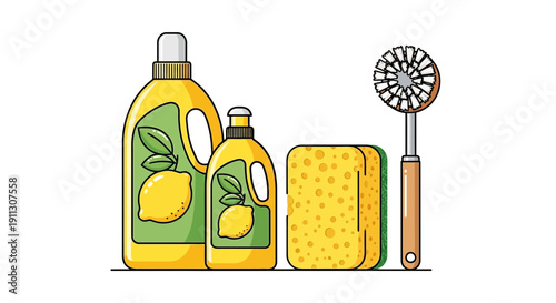Cleaning Supplies with Lemon Illustration.