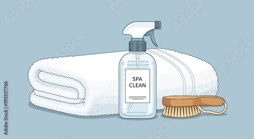 Cleaning Supplies with Towels and Brush.