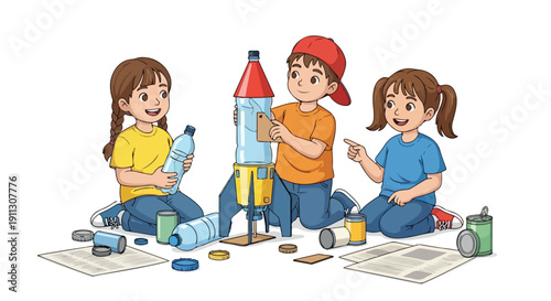Three children are happily collaborating on building a rocket from recycled materials like plastic bottles and cans, promoting environmental education and creative play.
