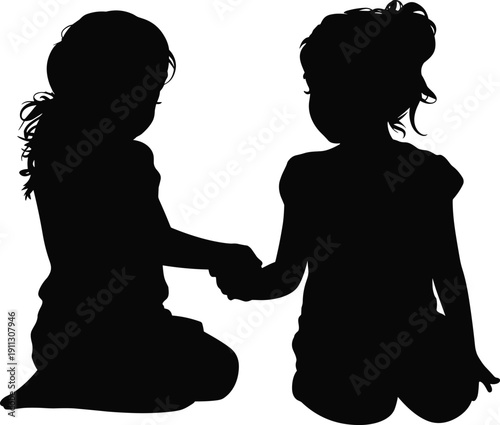 Two little girls holding hands silhouette vector illustration, childhood friendship concept, kids sitting together isolated black figures on white background