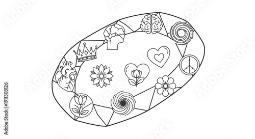 A simple black and white illustration of an oval shape with various floral and geometric patterns inside and around it.