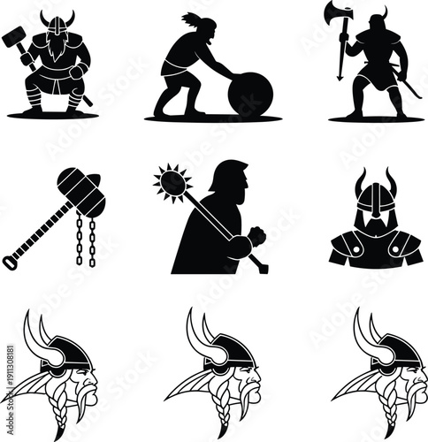 Viking warrior silhouettes and icons set, Norse medieval fighters with helmet, axe and hammer symbols, Scandinavian vector illustration isolated on white background
