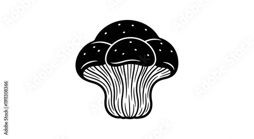 A simple black and white illustration of a mushroom with a distinctive cap and stem.