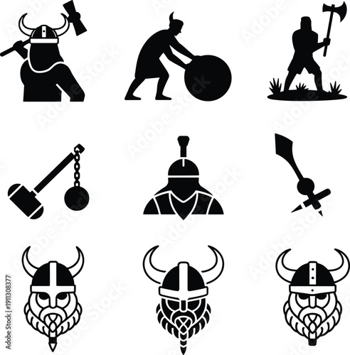 Viking warrior silhouettes set, medieval Norse helmet, axe and weapon icons, Scandinavian warrior vector illustration collection isolated on white background