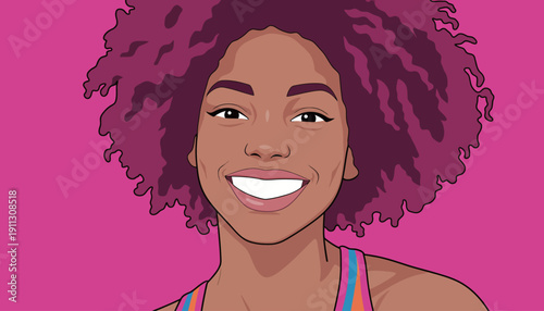 A woman with curly hair smiles while standing against a colorful background. She shows happiness and energy in the scene.