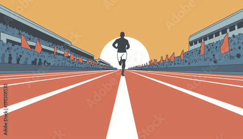 A runner approaches the finish line on an athletic track as spectators watch from the stands during sunset.