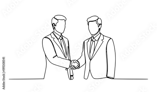 Two businessmen shaking hands continuous one line vector illustration