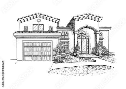 Modern Residential House Line Art Vector Illustration