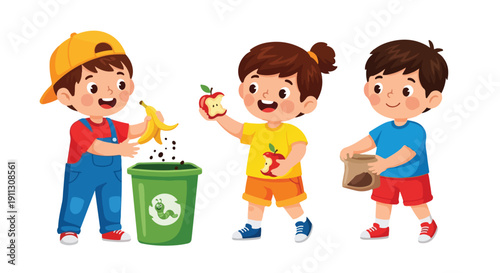 Three happy children are actively involved in composting organic waste, placing fruit scraps into a compost bin and carrying soil.