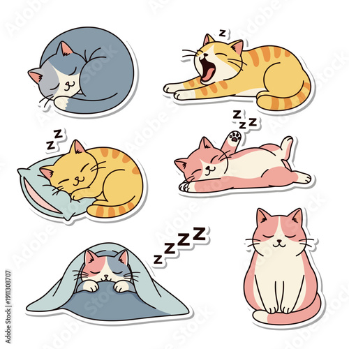 Cute cats in various sleeping positions, conveying relaxation and comfort