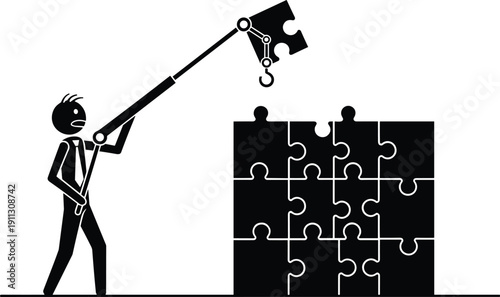 Business solution building concept, worker placing puzzle piece, problem solving process, teamwork strategy metaphor, corporate success illustration vector